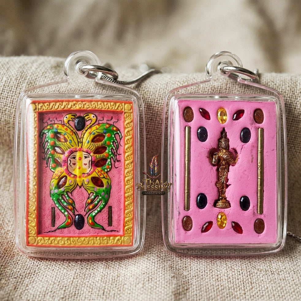 Authentic Thai Amulet "King of Butterflies Thep Chamlaeng Phamon Sacred Powder Pendant" Consecrated by Kruba Krissana Intawanno, Weruwan Monastery B.E. 2555 (2012)