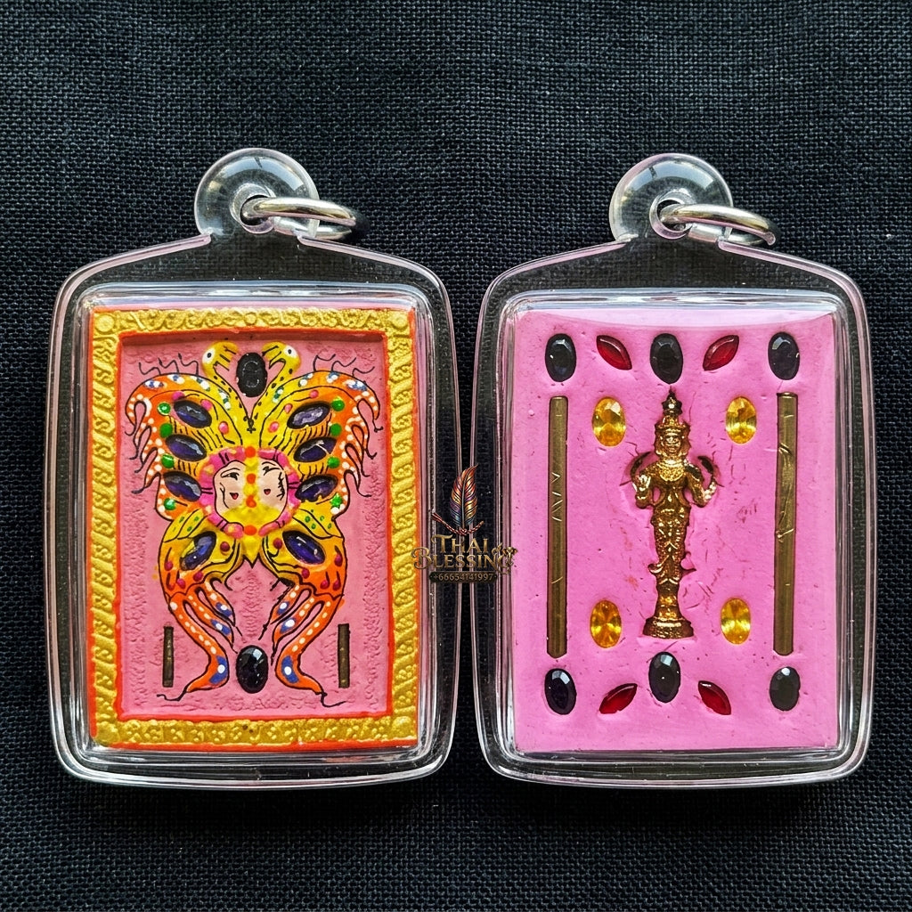 Authentic Thai Amulet "King of Butterflies Thep Chamlaeng Phamon Sacred Powder Pendant" Consecrated by Kruba Krissana Intawanno, Weruwan Monastery B.E. 2555 (2012)