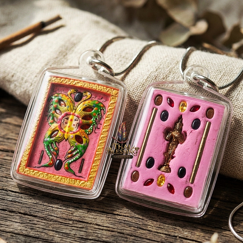Authentic Thai Amulet "King of Butterflies Thep Chamlaeng Phamon Sacred Powder Pendant" Consecrated by Kruba Krissana Intawanno, Weruwan Monastery B.E. 2555 (2012)