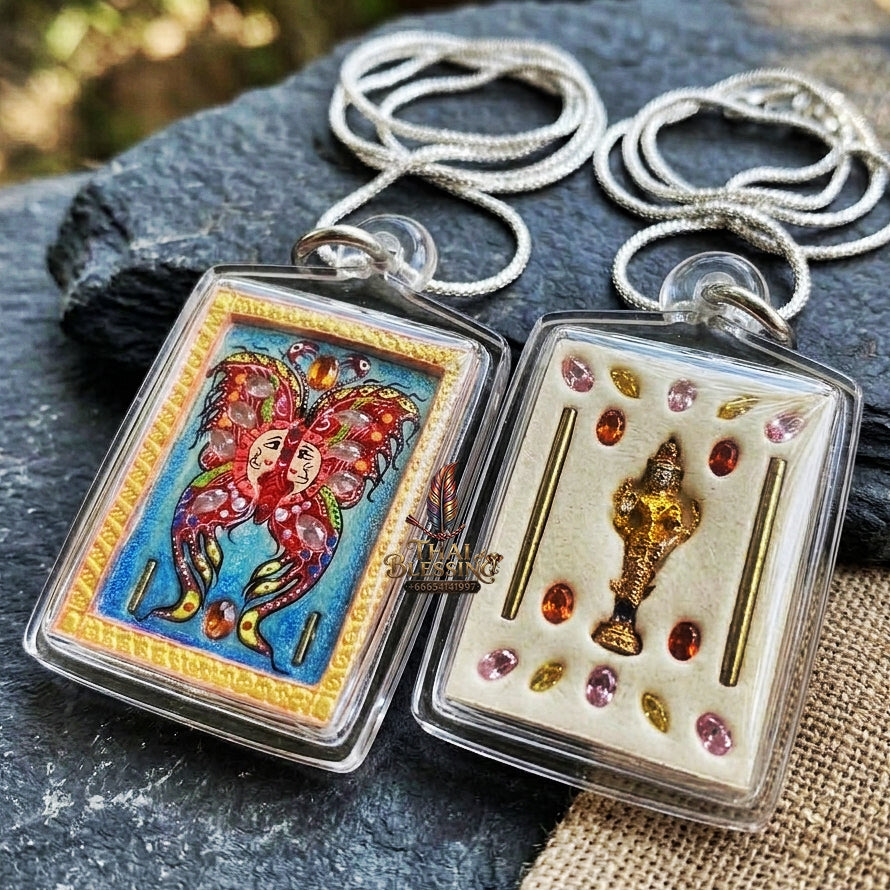 Authentic Thai Amulet "King of Butterflies Thep Chamlaeng Phamon Sacred Powder Pendant" Consecrated by Kruba Krissana Intawanno, Weruwan Monastery B.E. 2555 (2012)
