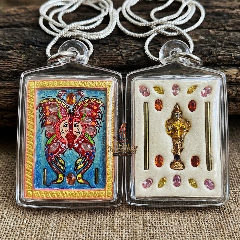 Authentic Thai Amulet "King of Butterflies Thep Chamlaeng Phamon Sacred Powder Pendant" Consecrated by Kruba Krissana Intawanno, Weruwan Monastery B.E. 2555 (2012)