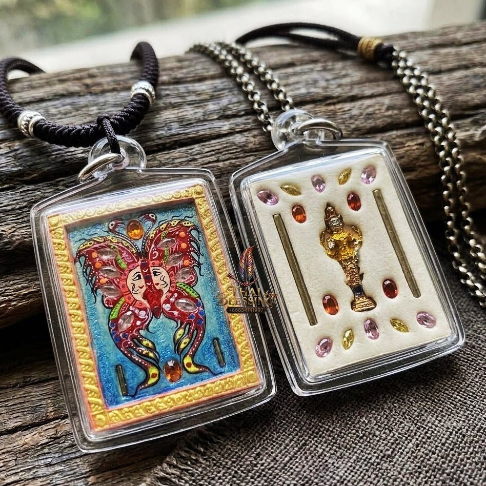 Authentic Thai Amulet "King of Butterflies Thep Chamlaeng Phamon Sacred Powder Pendant" Consecrated by Kruba Krissana Intawanno, Weruwan Monastery B.E. 2555 (2012)