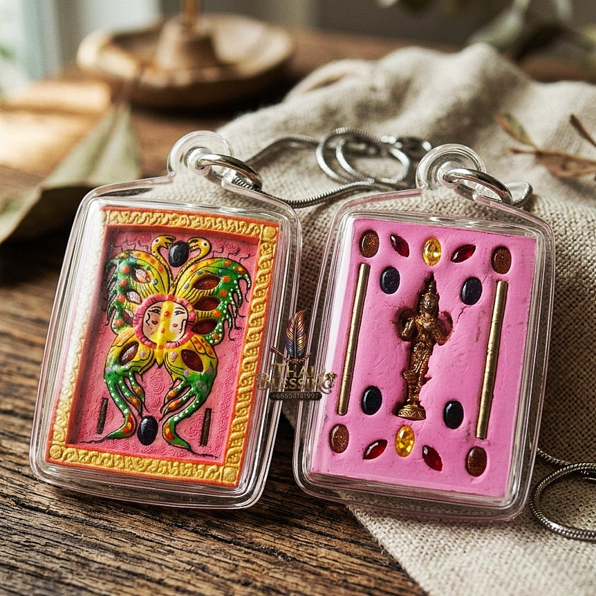 Authentic Thai Amulet "King of Butterflies Thep Chamlaeng Phamon Sacred Powder Pendant" Consecrated by Kruba Krissana Intawanno, Weruwan Monastery B.E. 2555 (2012)
