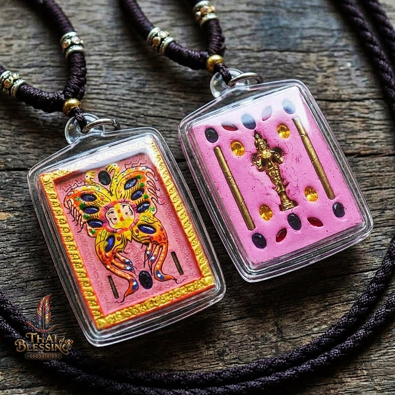 Authentic Thai Amulet "King of Butterflies Thep Chamlaeng Phamon Sacred Powder Pendant" Consecrated by Kruba Krissana Intawanno, Weruwan Monastery B.E. 2555 (2012)
