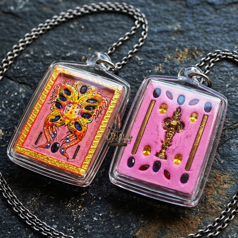 Authentic Thai Amulet "King of Butterflies Thep Chamlaeng Phamon Sacred Powder Pendant" Consecrated by Kruba Krissana Intawanno, Weruwan Monastery B.E. 2555 (2012)