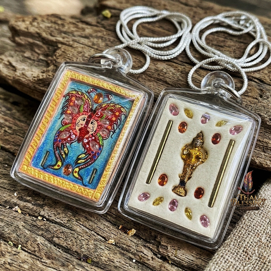 Authentic Thai Amulet "King of Butterflies Thep Chamlaeng Phamon Sacred Powder Pendant" Consecrated by Kruba Krissana Intawanno, Weruwan Monastery B.E. 2555 (2012)