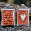 Authentic Thai Amulet "Nine-Tailed Fox Spirit Queen Sacred Charm Powder Pendant" Consecrated by Kruba Khampeng, Asom Sukhawadi B.E. 2566 (2023) - Encrusted with Gemstones & Carved Salika Heart Insert