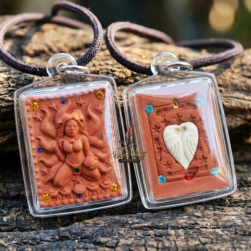 Authentic Thai Amulet "Nine-Tailed Fox Spirit Queen Sacred Charm Powder Pendant" Consecrated by Kruba Khampeng, Asom Sukhawadi B.E. 2566 (2023) - Encrusted with Gemstones & Carved Salika Heart Insert