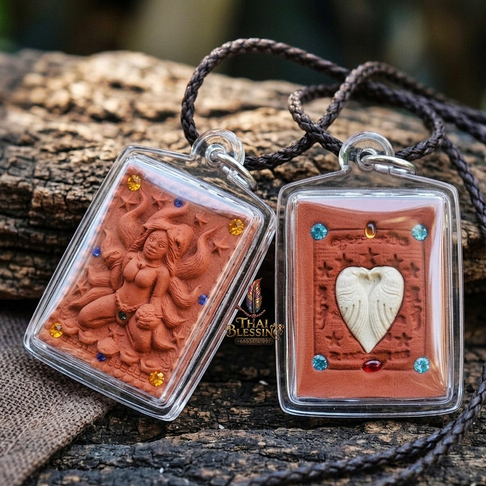 Authentic Thai Amulet "Nine-Tailed Fox Spirit Queen Sacred Charm Powder Pendant" Consecrated by Kruba Khampeng, Asom Sukhawadi B.E. 2566 (2023) - Encrusted with Gemstones & Carved Salika Heart Insert
