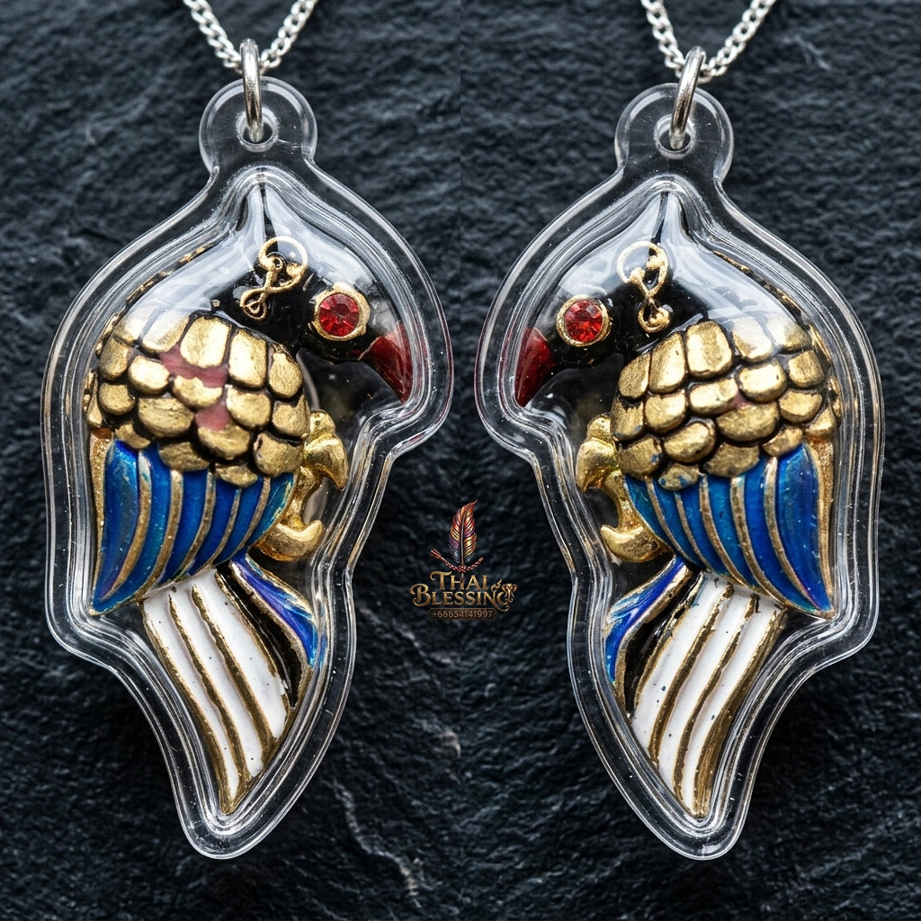 Authentic Thai Amulet "Salika Maha Long Sacred Golden Celestial Bird Pendant" Gold-Plated Enamel Bronze Consecrated by Luang Pu Thongwan, Wat Ban Pak Dom B.E. 2568 (2025) - Hypnotic Speech Charm, Sales Success & High Metta Attraction