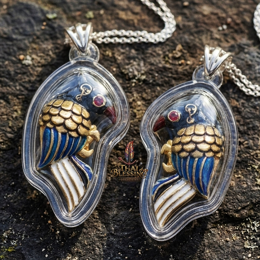 Authentic Thai Amulet "Salika Maha Long Sacred Golden Celestial Bird Pendant" Gold-Plated Enamel Bronze Consecrated by Luang Pu Thongwan, Wat Ban Pak Dom B.E. 2568 (2025) - Hypnotic Speech Charm, Sales Success & High Metta Attraction