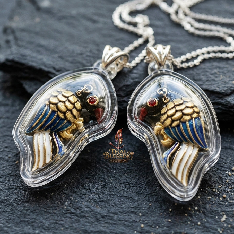 Authentic Thai Amulet "Salika Maha Long Sacred Golden Celestial Bird Pendant" Gold-Plated Enamel Bronze Consecrated by Luang Pu Thongwan, Wat Ban Pak Dom B.E. 2568 (2025) - Hypnotic Speech Charm, Sales Success & High Metta Attraction