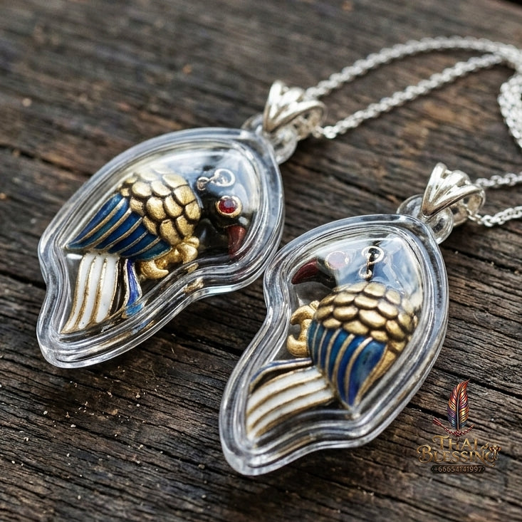 Authentic Thai Amulet "Salika Maha Long Sacred Golden Celestial Bird Pendant" Gold-Plated Enamel Bronze Consecrated by Luang Pu Thongwan, Wat Ban Pak Dom B.E. 2568 (2025) - Hypnotic Speech Charm, Sales Success & High Metta Attraction