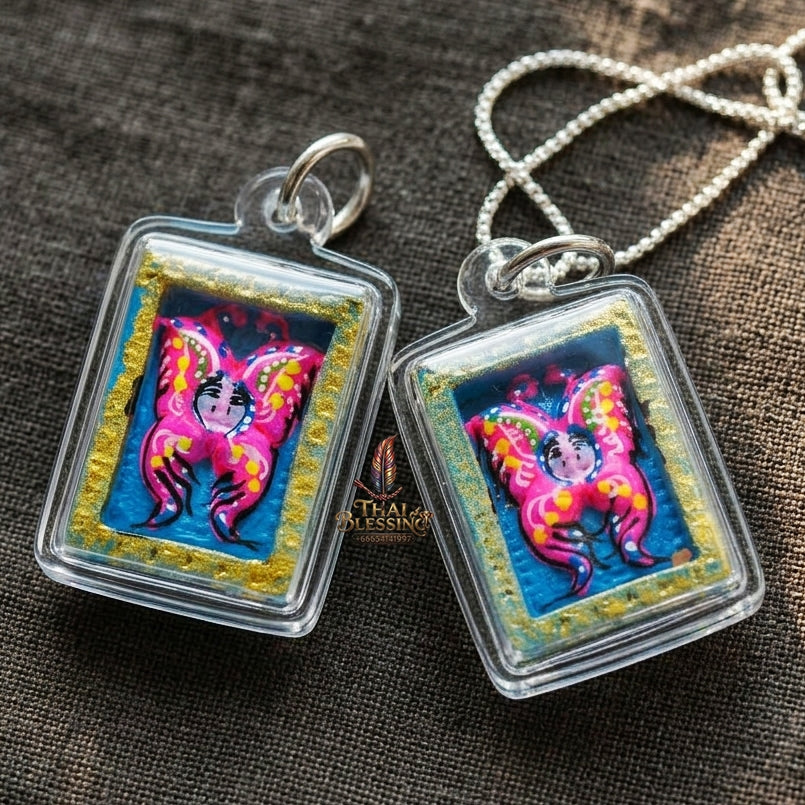Authentic Thai Mini Butterfly King Amulet "Thep Chamlaeng Pamorn Vibrant Pink & Blue Hand-Painted Pendant" Consecrated by Khru Ba Krissana, Samnak Song Weruwan, Nakhon Ratchasima B.E. 2562 (2019)