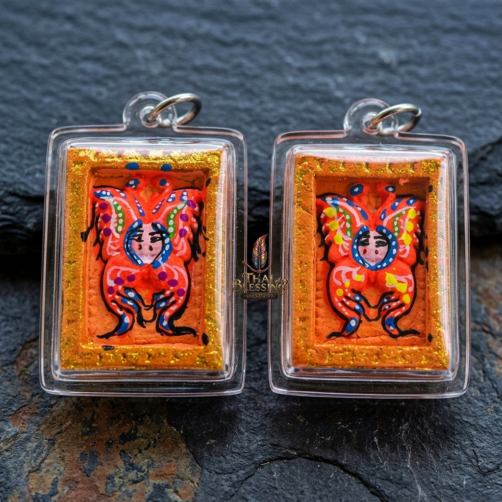 Authentic Thai Mini Butterfly King Amulet "Thep Chamlaeng Pamorn Vibrant Orange Hand-Painted Butterfly Pendant" Consecrated by Khru Ba Krissana, Samnak Song Weruwan, Nakhon Ratchasima B.E. 2562 (2019)