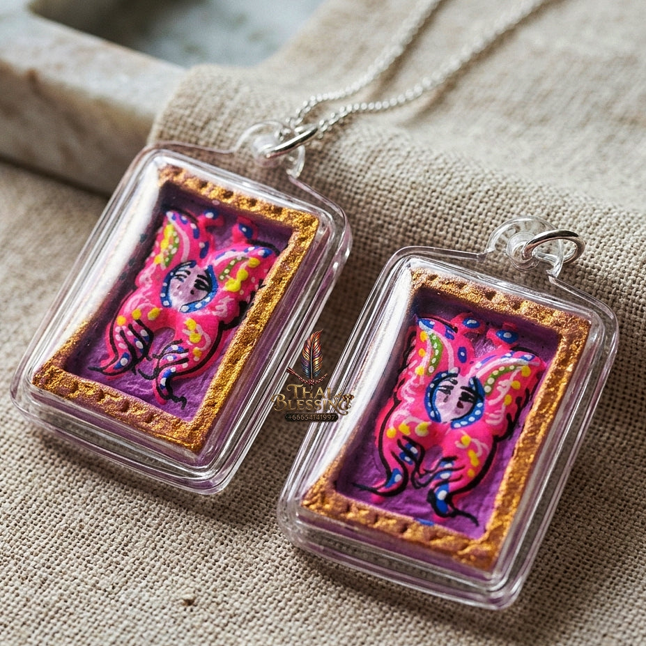 Authentic Thai Mini Butterfly King Amulet "Thep Chamlaeng Pamorn Pink Butterfly on Purple Background Hand-Painted Pendant" Consecrated by Khru Ba Krissana, Samnak Song Weruwan, Nakhon Ratchasima B.E. 2562 (2019)