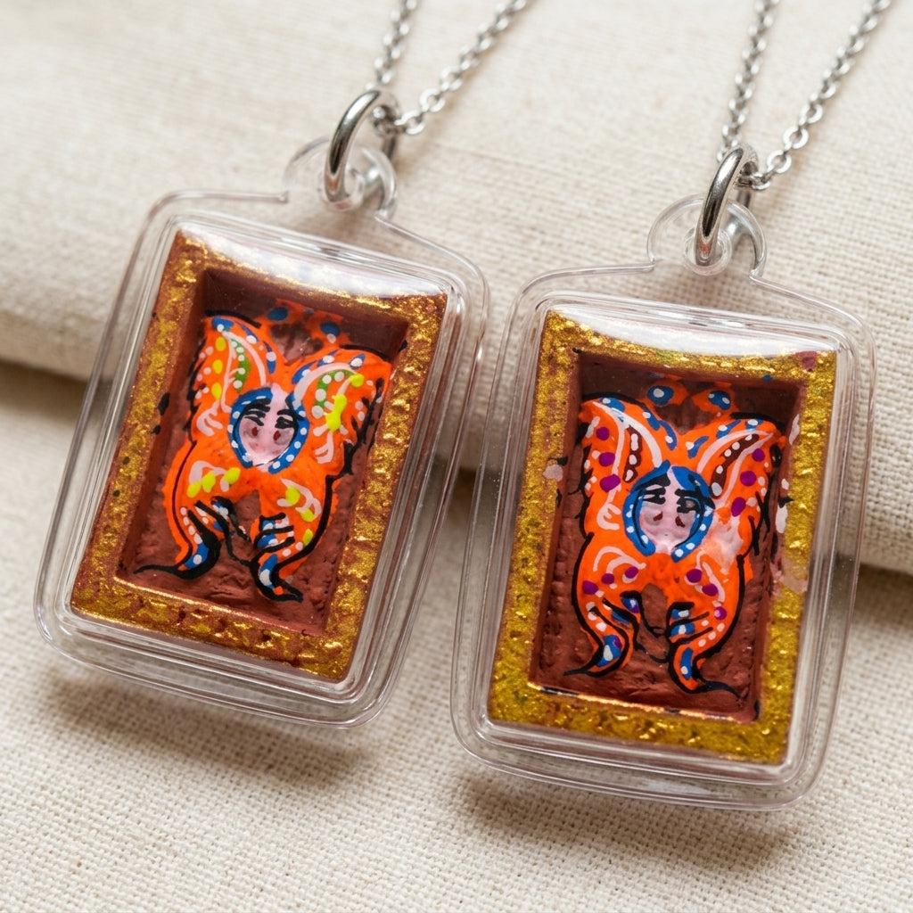 Authentic Thai Mini Butterfly King Amulet "Thep Chamlaeng Pamorn Vibrant Orange Hand-Painted Butterfly Pendant" Consecrated by Khru Ba Krissana, Samnak Song Weruwan, Nakhon Ratchasima B.E. 2562 (2019)