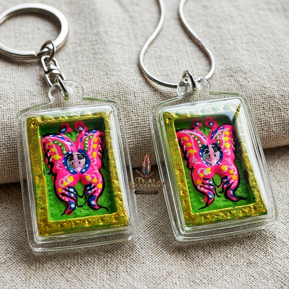 Authentic Thai Mini Butterfly King Amulet "Thep Chamlaeng Pamorn Vibrant Pink & Green Hand-Painted Pendant" Consecrated by Khru Ba Krissana, Samnak Song Weruwan, Nakhon Ratchasima B.E. 2562 (2019)