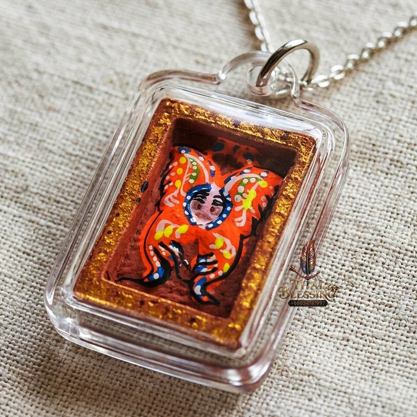 Authentic Thai Mini Butterfly King Amulet "Thep Chamlaeng Pamorn Vibrant Orange Hand-Painted Butterfly Pendant" Consecrated by Khru Ba Krissana, Samnak Song Weruwan, Nakhon Ratchasima B.E. 2562 (2019)