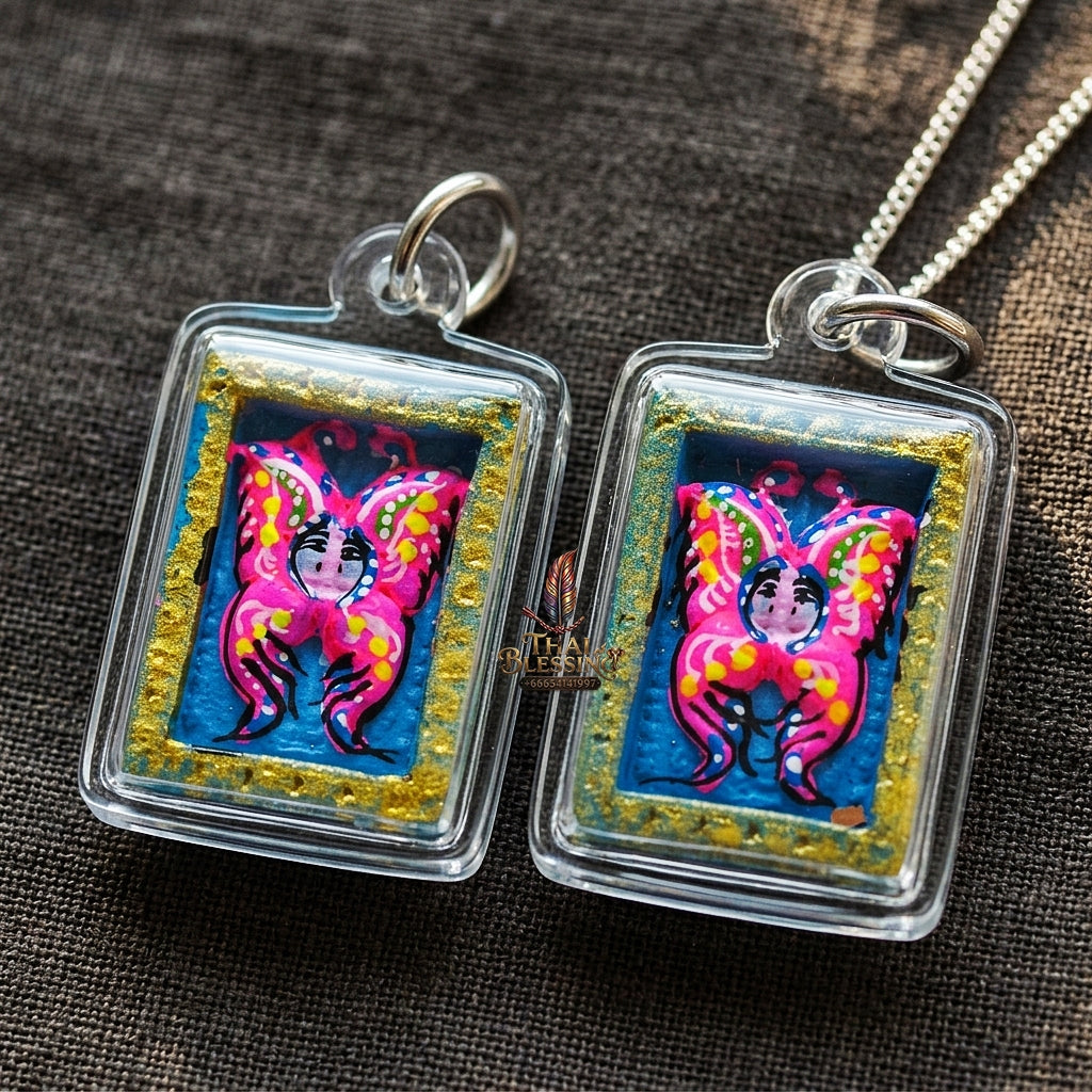 Authentic Thai Mini Butterfly King Amulet "Thep Chamlaeng Pamorn Vibrant Pink & Blue Hand-Painted Pendant" Consecrated by Khru Ba Krissana, Samnak Song Weruwan, Nakhon Ratchasima B.E. 2562 (2019)