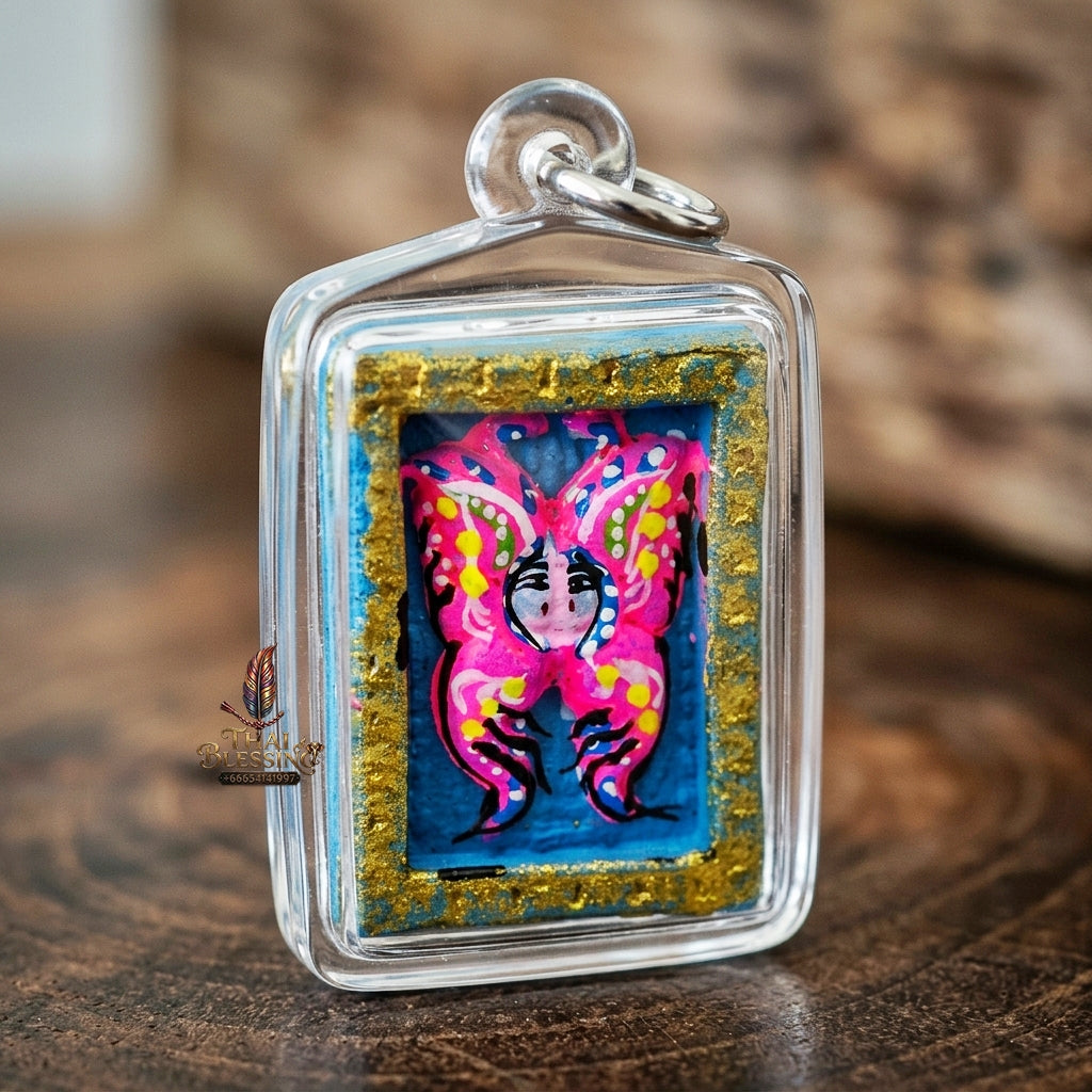 Authentic Thai Mini Butterfly King Amulet "Thep Chamlaeng Pamorn Vibrant Pink & Blue Hand-Painted Pendant" Consecrated by Khru Ba Krissana, Samnak Song Weruwan, Nakhon Ratchasima B.E. 2562 (2019)