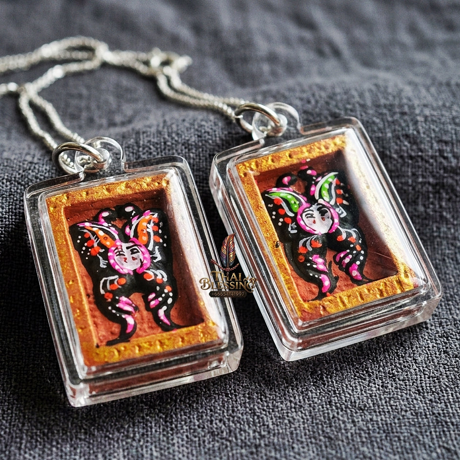 Authentic Thai Mini Butterfly King Amulet "Thep Chamlaeng Pamorn Black & Vibrant Hand-Painted Butterfly Pendant" Consecrated by Khru Ba Krissana, Samnak Song Weruwan, Nakhon Ratchasima B.E. 2562 (2019)