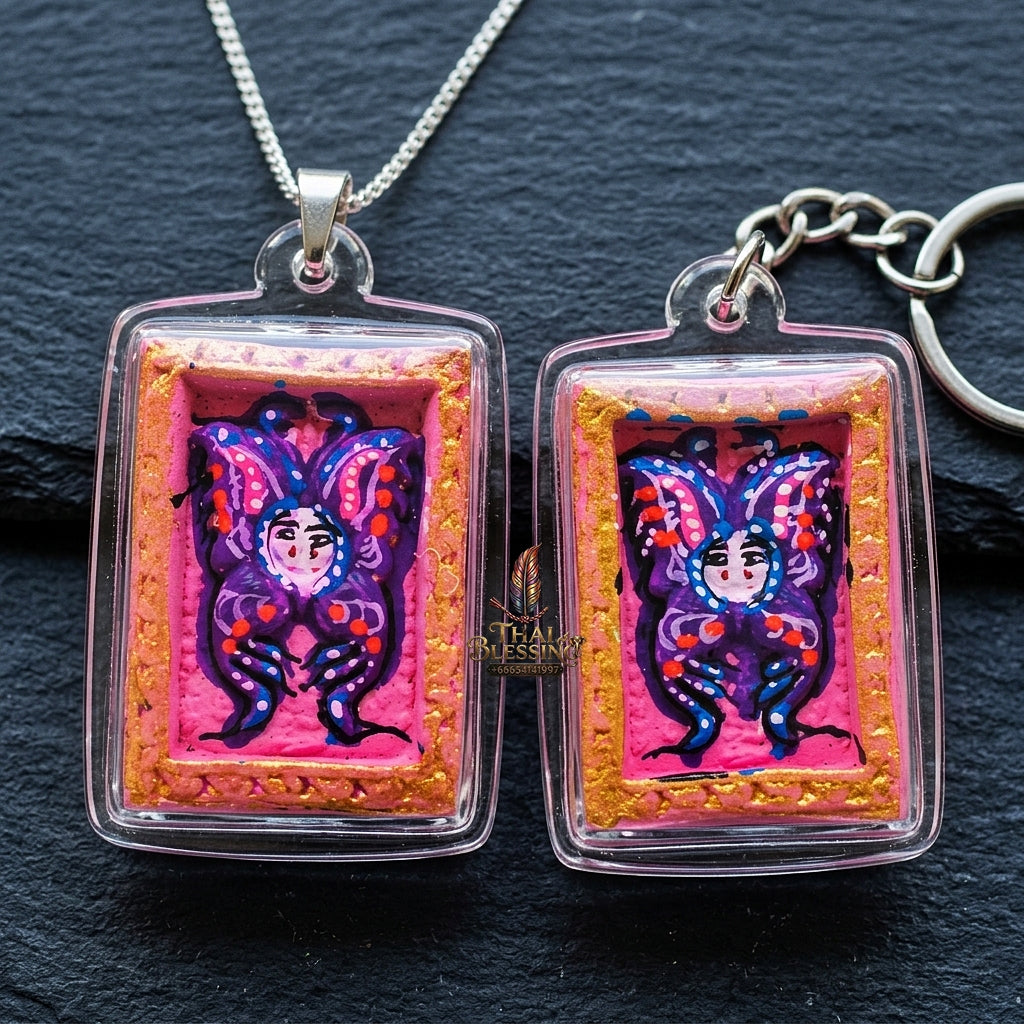 Authentic Thai Mini Butterfly King Amulet "Thep Chamlaeng Pamorn Purple Butterfly on Pink Background Hand-Painted Pendant" Consecrated by Khru Ba Krissana, Samnak Song Weruwan, Nakhon Ratchasima B.E. 2562 (2019)