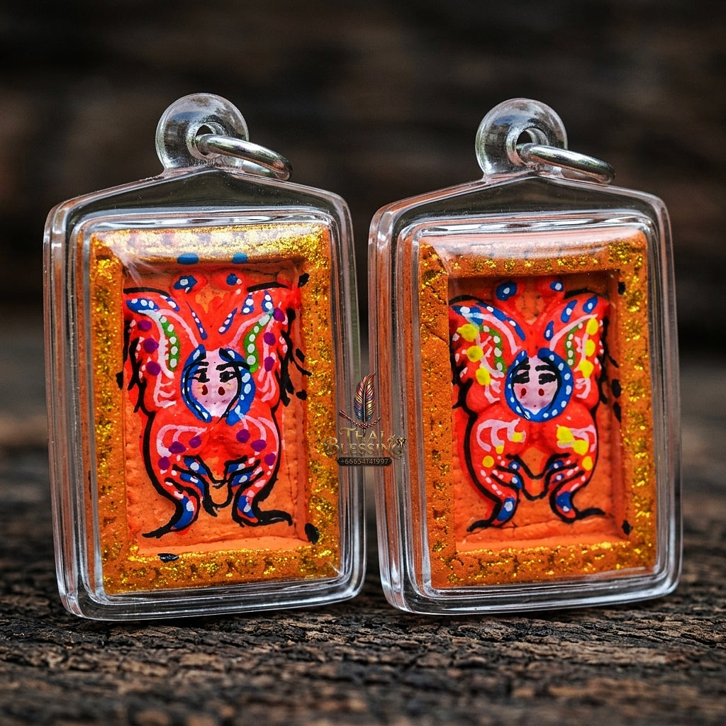 Authentic Thai Mini Butterfly King Amulet "Thep Chamlaeng Pamorn Vibrant Orange Hand-Painted Butterfly Pendant" Consecrated by Khru Ba Krissana, Samnak Song Weruwan, Nakhon Ratchasima B.E. 2562 (2019)