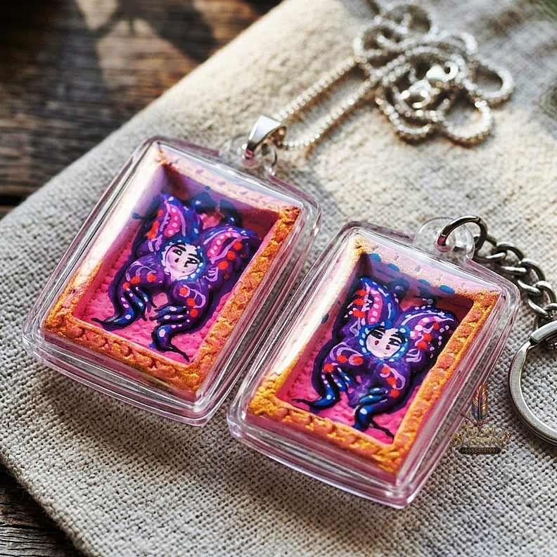 Authentic Thai Mini Butterfly King Amulet "Thep Chamlaeng Pamorn Purple Butterfly on Pink Background Hand-Painted Pendant" Consecrated by Khru Ba Krissana, Samnak Song Weruwan, Nakhon Ratchasima B.E. 2562 (2019)