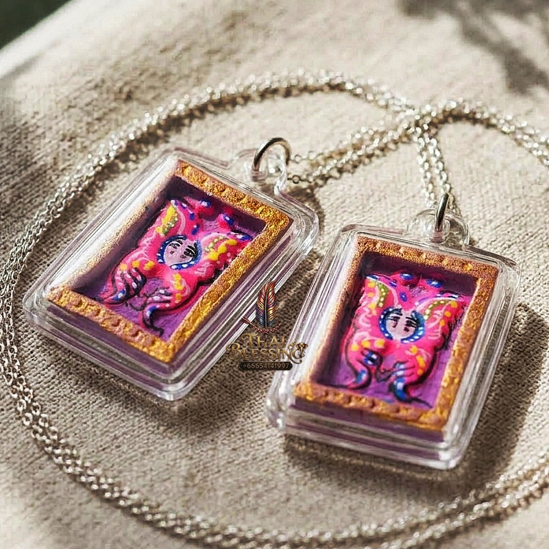 Authentic Thai Mini Butterfly King Amulet "Thep Chamlaeng Pamorn Pink Butterfly on Purple Background Hand-Painted Pendant" Consecrated by Khru Ba Krissana, Samnak Song Weruwan, Nakhon Ratchasima B.E. 2562 (2019)