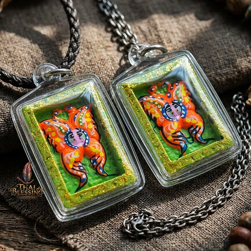 Authentic Thai Mini Butterfly King Amulet "Thep Chamlaeng Pamorn Vibrant Orange Butterfly on Green Background Hand-Painted Pendant" Consecrated by Khru Ba Krissana, Samnak Song Weruwan, Nakhon Ratchasima B.E. 2562 (2019)