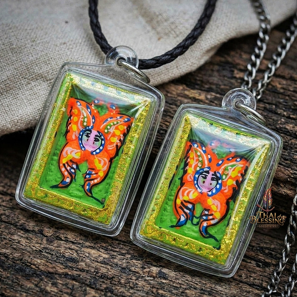 Authentic Thai Mini Butterfly King Amulet "Thep Chamlaeng Pamorn Vibrant Orange Butterfly on Green Background Hand-Painted Pendant" Consecrated by Khru Ba Krissana, Samnak Song Weruwan, Nakhon Ratchasima B.E. 2562 (2019)