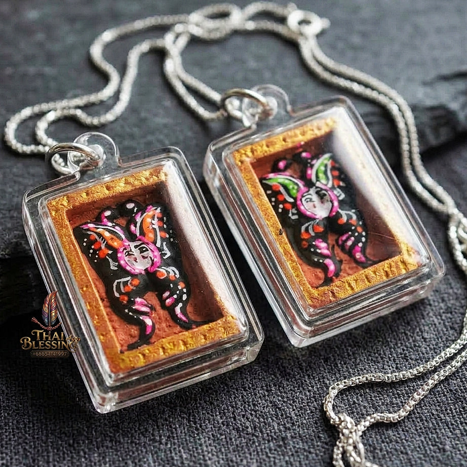 Authentic Thai Mini Butterfly King Amulet "Thep Chamlaeng Pamorn Black & Vibrant Hand-Painted Butterfly Pendant" Consecrated by Khru Ba Krissana, Samnak Song Weruwan, Nakhon Ratchasima B.E. 2562 (2019)