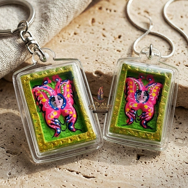 Authentic Thai Mini Butterfly King Amulet "Thep Chamlaeng Pamorn Vibrant Pink & Green Hand-Painted Pendant" Consecrated by Khru Ba Krissana, Samnak Song Weruwan, Nakhon Ratchasima B.E. 2562 (2019)