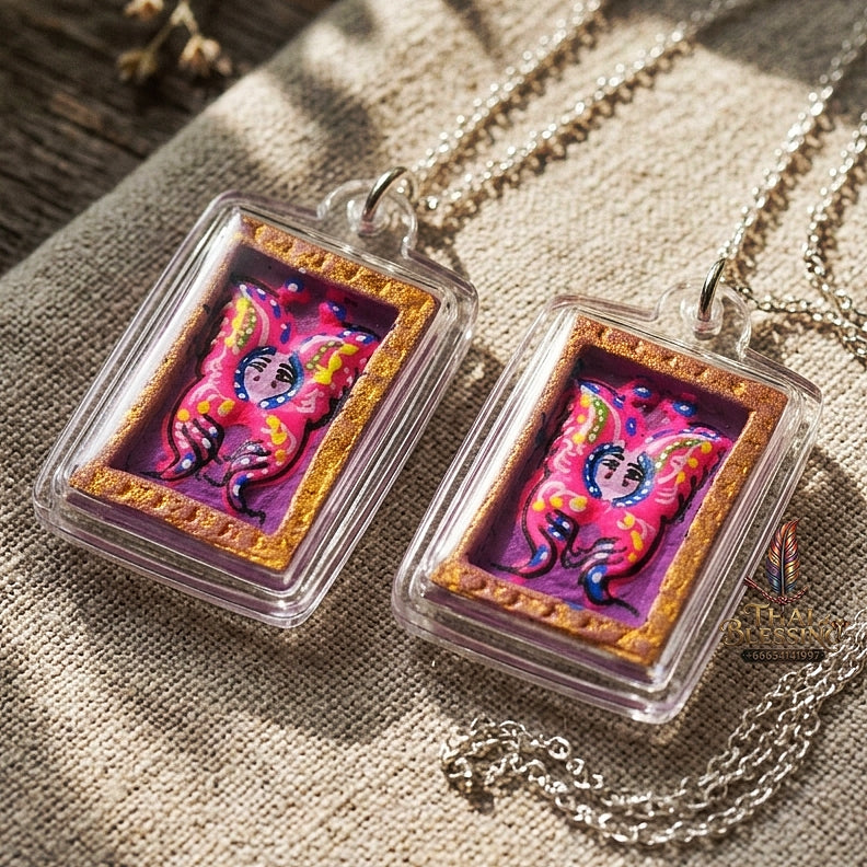 Authentic Thai Mini Butterfly King Amulet "Thep Chamlaeng Pamorn Pink Butterfly on Purple Background Hand-Painted Pendant" Consecrated by Khru Ba Krissana, Samnak Song Weruwan, Nakhon Ratchasima B.E. 2562 (2019)