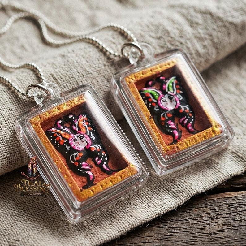 Authentic Thai Mini Butterfly King Amulet "Thep Chamlaeng Pamorn Black & Vibrant Hand-Painted Butterfly Pendant" Consecrated by Khru Ba Krissana, Samnak Song Weruwan, Nakhon Ratchasima B.E. 2562 (2019)