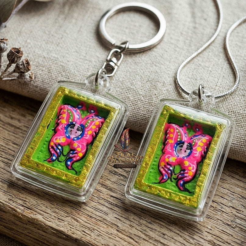 Authentic Thai Mini Butterfly King Amulet "Thep Chamlaeng Pamorn Vibrant Pink & Green Hand-Painted Pendant" Consecrated by Khru Ba Krissana, Samnak Song Weruwan, Nakhon Ratchasima B.E. 2562 (2019)