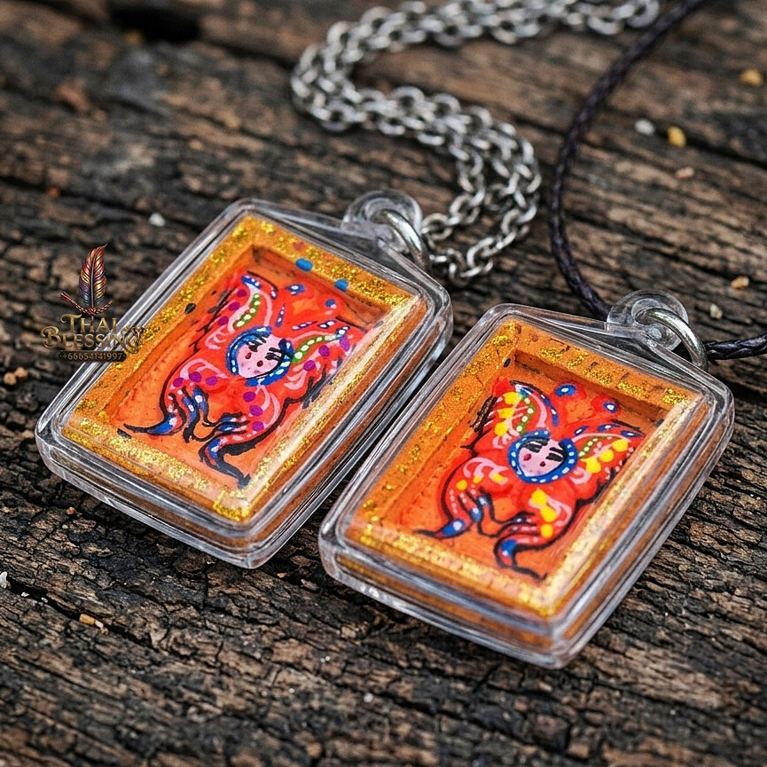 Authentic Thai Mini Butterfly King Amulet "Thep Chamlaeng Pamorn Vibrant Orange Hand-Painted Butterfly Pendant" Consecrated by Khru Ba Krissana, Samnak Song Weruwan, Nakhon Ratchasima B.E. 2562 (2019)