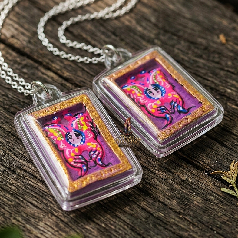 Authentic Thai Mini Butterfly King Amulet "Thep Chamlaeng Pamorn Pink Butterfly on Purple Background Hand-Painted Pendant" Consecrated by Khru Ba Krissana, Samnak Song Weruwan, Nakhon Ratchasima B.E. 2562 (2019)