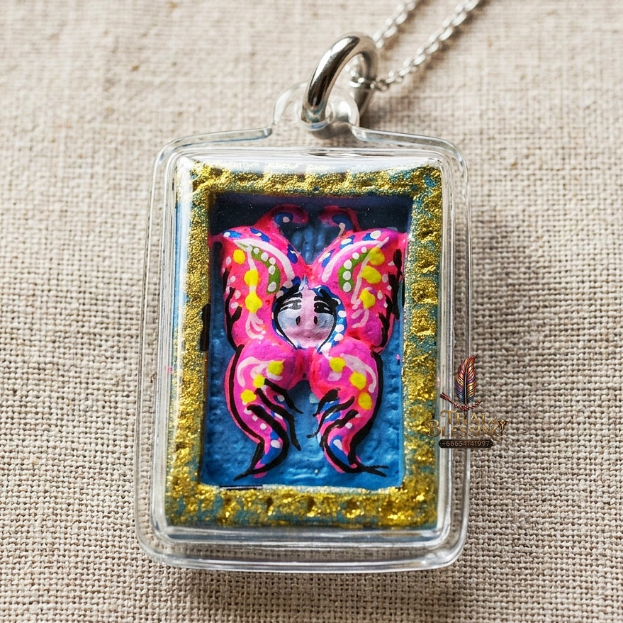 Authentic Thai Mini Butterfly King Amulet "Thep Chamlaeng Pamorn Vibrant Pink & Blue Hand-Painted Pendant" Consecrated by Khru Ba Krissana, Samnak Song Weruwan, Nakhon Ratchasima B.E. 2562 (2019)