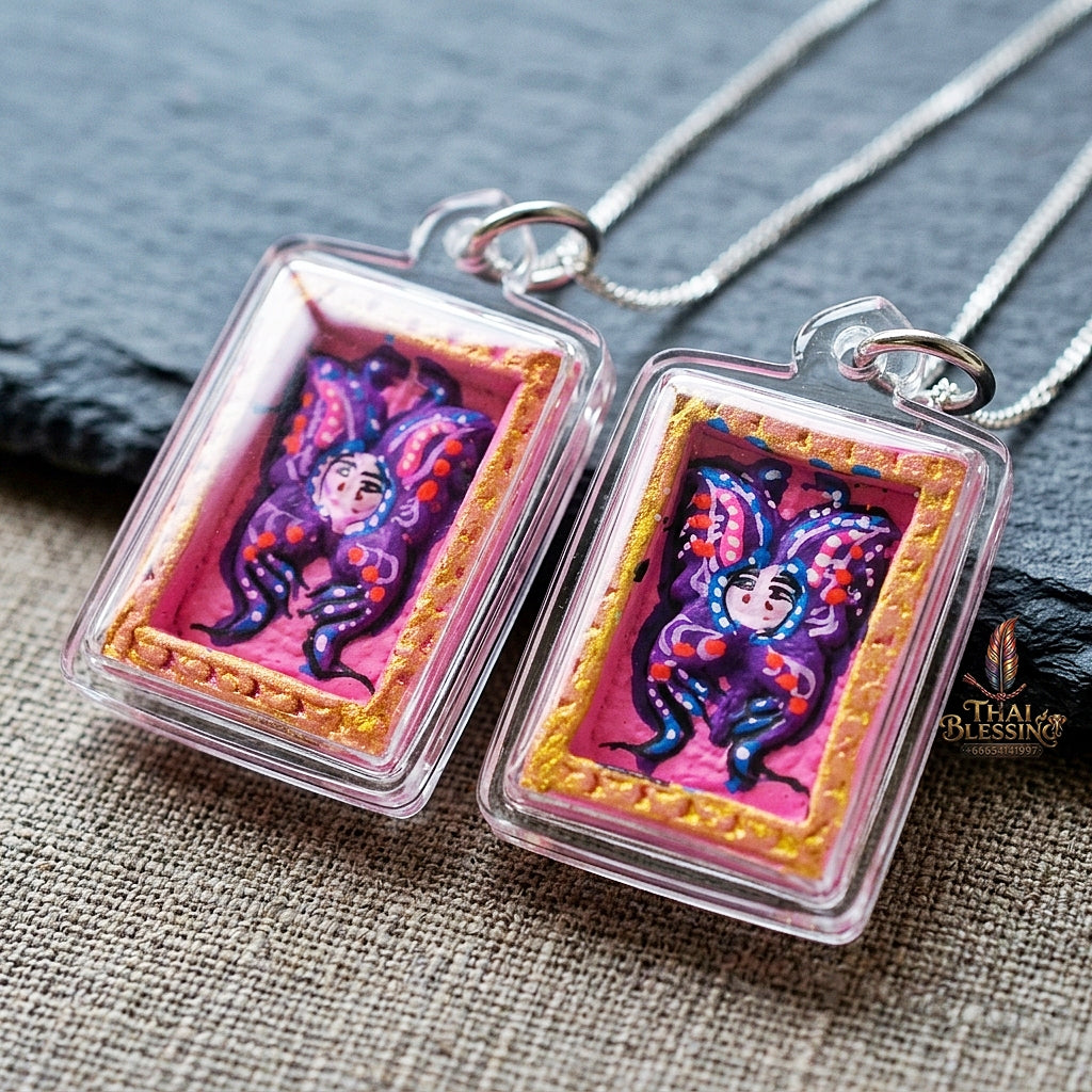 Authentic Thai Mini Butterfly King Amulet "Thep Chamlaeng Pamorn Purple Butterfly on Pink Background Hand-Painted Pendant" Consecrated by Khru Ba Krissana, Samnak Song Weruwan, Nakhon Ratchasima B.E. 2562 (2019)