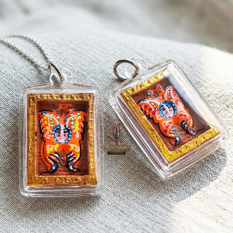 Authentic Thai Mini Butterfly King Amulet "Thep Chamlaeng Pamorn Vibrant Orange Hand-Painted Butterfly Pendant" Consecrated by Khru Ba Krissana, Samnak Song Weruwan, Nakhon Ratchasima B.E. 2562 (2019)