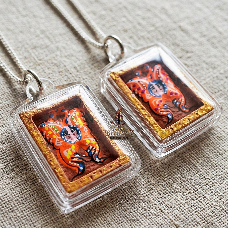 Authentic Thai Mini Butterfly King Amulet "Thep Chamlaeng Pamorn Vibrant Orange Hand-Painted Butterfly Pendant" Consecrated by Khru Ba Krissana, Samnak Song Weruwan, Nakhon Ratchasima B.E. 2562 (2019)