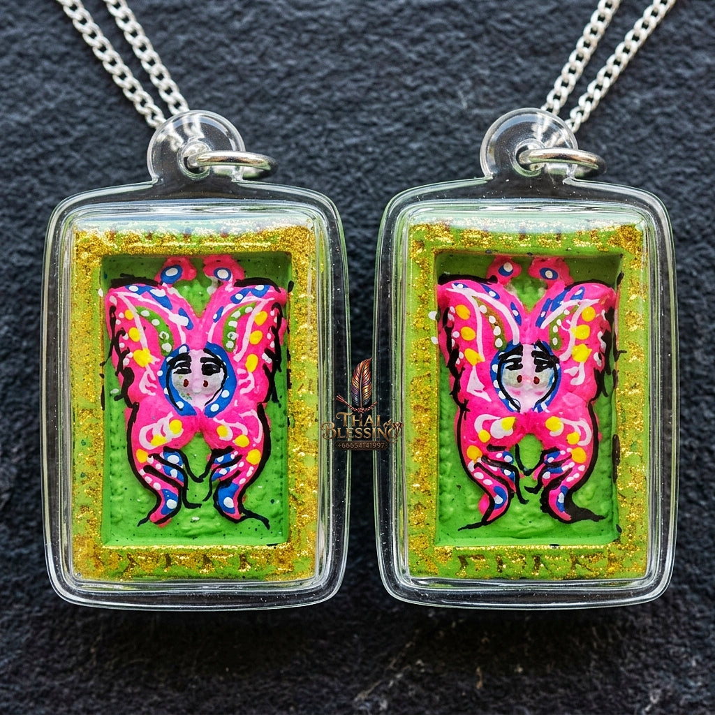 Authentic Thai Mini Butterfly King Amulet "Thep Chamlaeng Pamorn Vibrant Pink & Green Hand-Painted Pendant" Consecrated by Khru Ba Krissana, Samnak Song Weruwan, Nakhon Ratchasima B.E. 2562 (2019)