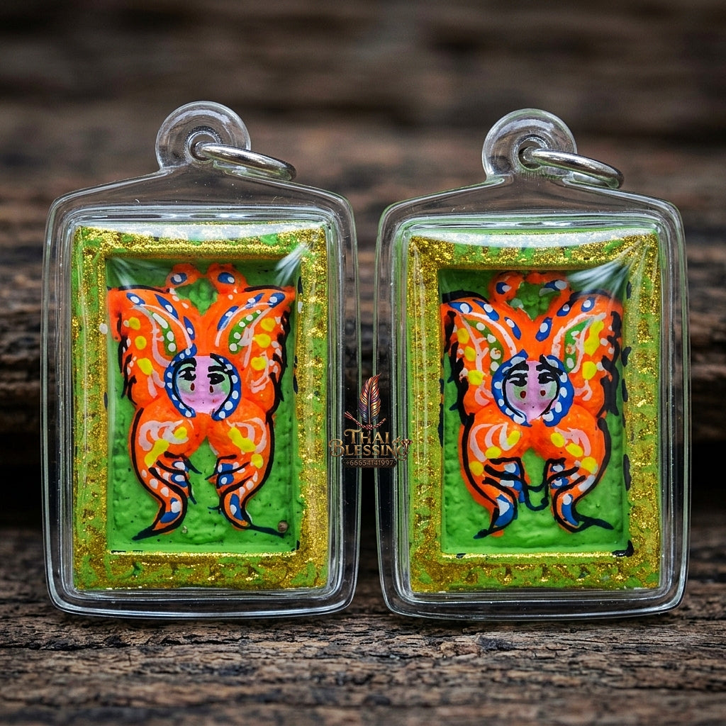 Authentic Thai Mini Butterfly King Amulet "Thep Chamlaeng Pamorn Vibrant Orange Butterfly on Green Background Hand-Painted Pendant" Consecrated by Khru Ba Krissana, Samnak Song Weruwan, Nakhon Ratchasima B.E. 2562 (2019)