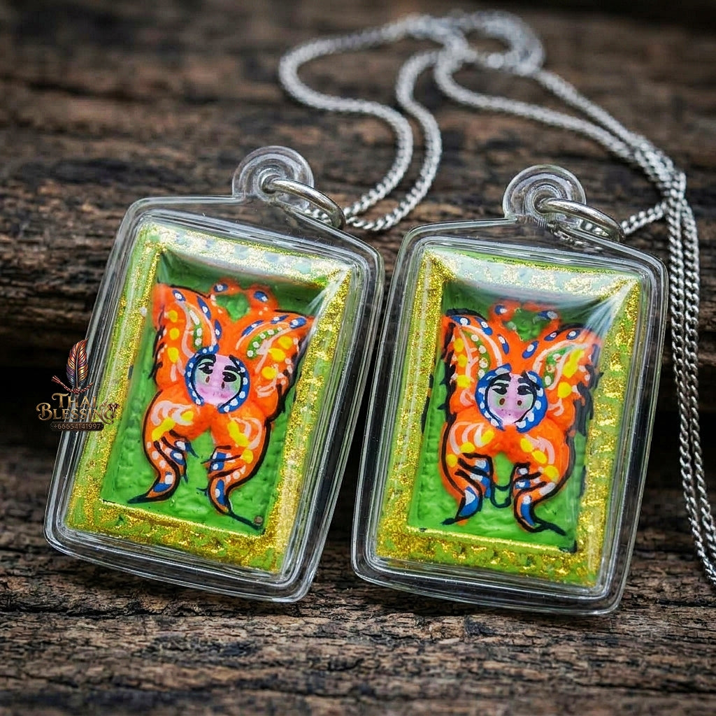Authentic Thai Mini Butterfly King Amulet "Thep Chamlaeng Pamorn Vibrant Orange Butterfly on Green Background Hand-Painted Pendant" Consecrated by Khru Ba Krissana, Samnak Song Weruwan, Nakhon Ratchasima B.E. 2562 (2019)