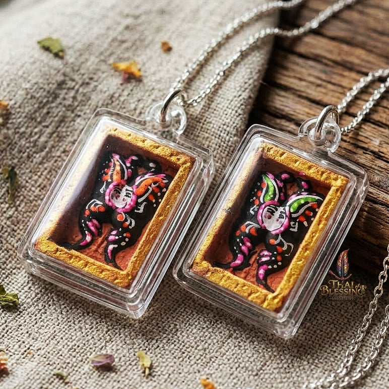 Authentic Thai Mini Butterfly King Amulet "Thep Chamlaeng Pamorn Black & Vibrant Hand-Painted Butterfly Pendant" Consecrated by Khru Ba Krissana, Samnak Song Weruwan, Nakhon Ratchasima B.E. 2562 (2019)