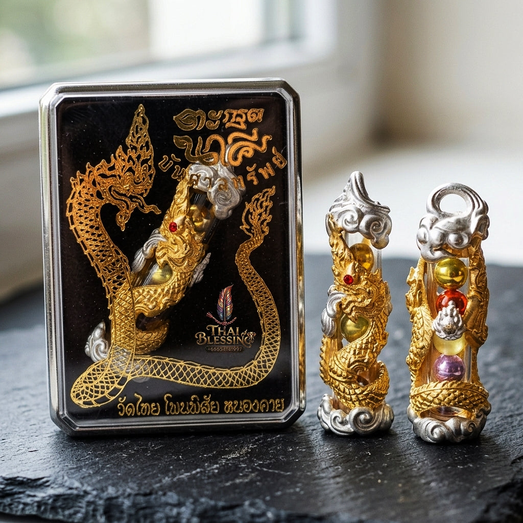 Authentic Sacred Thai Naga Amulet "Takrut Nakee Bandan Sap Wealth Amulet" (2K Gold & Silver Plated Bronze) Consecrated by Phra Maha Somphon at Wat Thai, Nong Khai