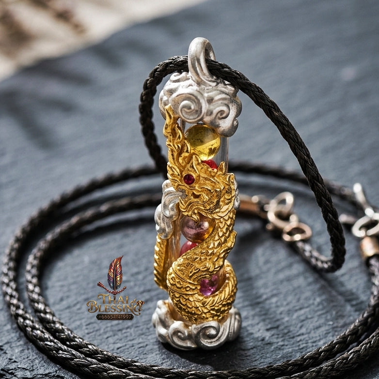 Authentic Sacred Thai Naga Amulet "Takrut Nakee Bandan Sap Wealth Amulet" (2K Gold & Silver Plated Bronze) Consecrated by Phra Maha Somphon at Wat Thai, Nong Khai