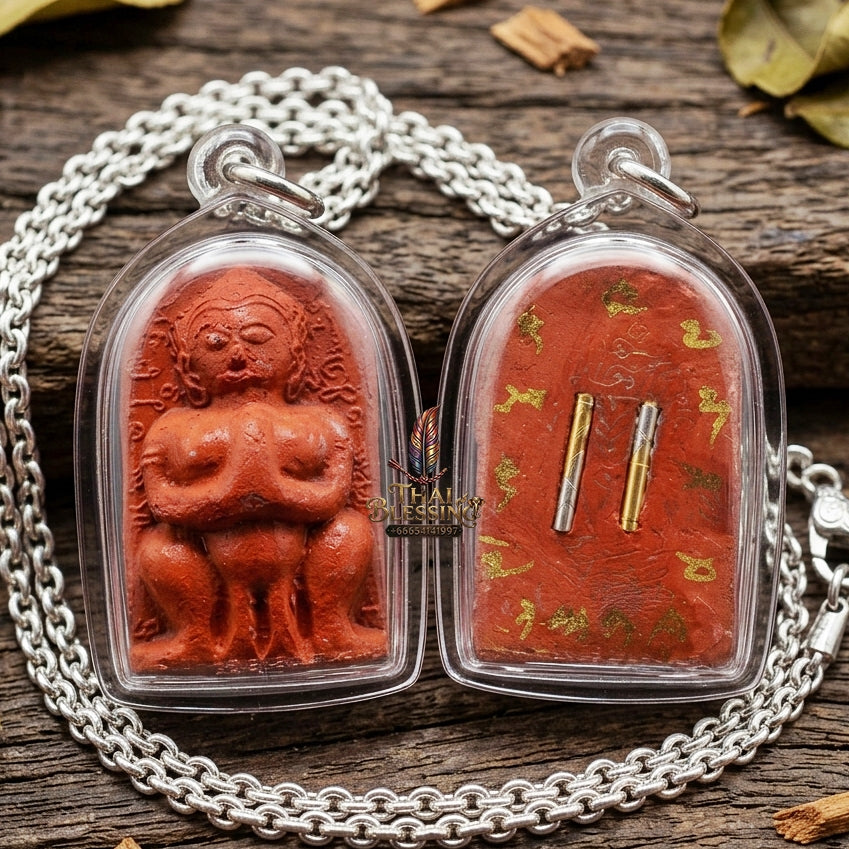 Authentic Thai Amulet "Jumbo Mae Nang Phim Sacred Red Herbal Powder & Spirit Ash Pendant" Consecrated by Luang Pho Loet, Wat Khao Phu Din B.E. 2542 (1999) - Disciple of Luang Pho Tae Wat Sam Ngam
